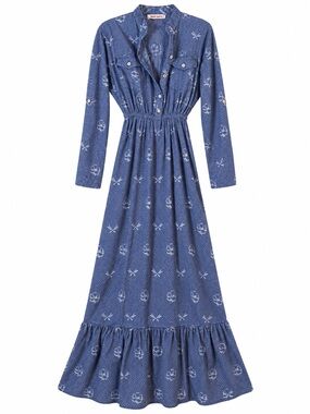 Destino Blue Printed Long Sleeve Maxi Dress Boho Western Style XXL